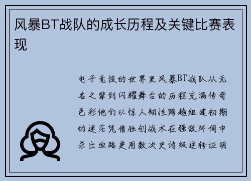 风暴BT战队的成长历程及关键比赛表现